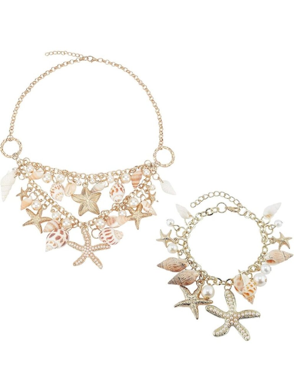 Mermaid Shell Necklace & Bracelets Set, Chunky Sea Shell & Starfish Charms